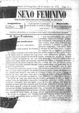 O Sexo feminino [jornal], a. 1, n. 7. Campanha-MG, 18 out. 1873.