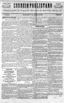 Correio paulistano [jornal], [s/n]. São Paulo-SP, 03 jan. 1878.