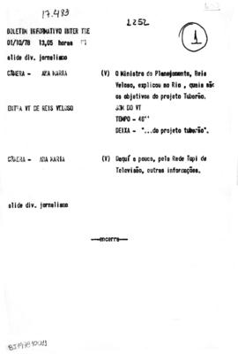 TV Tupi [emissora]. Boletim Informativo [programa]. Roteiro [televisivo], 01 out. 1978.