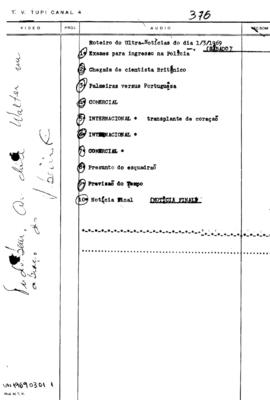TV Tupi [emissora]. Ultra Notícias [programa]. Roteiro [televisivo], 01 mar. 1969.