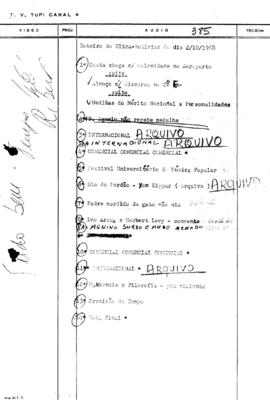 TV Tupi [emissora]. Ultra Notícias [programa]. Roteiro [televisivo], 02 out. 1968.