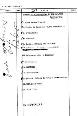 TV Tupi [emissora]. Ultra Notícias [programa]. Roteiro [televisivo], 25 abr. 1968.
