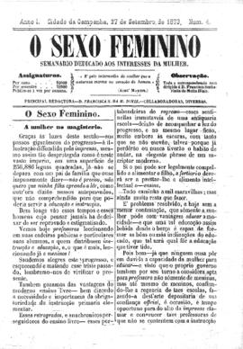 O Sexo feminino [jornal], a. 1, n. 4. Campanha-MG, 27 set. 1873.