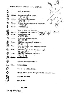 TV Tupi [emissora]. Ultra Notícias [programa]. Roteiro [televisivo], 13 jul. 1970.