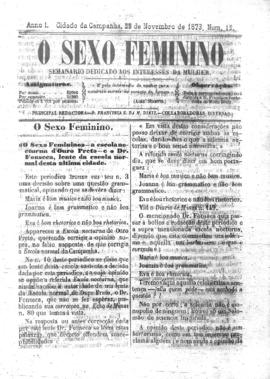 O Sexo feminino [jornal], a. 1, n. 12. Campanha-MG, 22 nov. 1873.