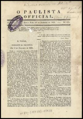 O Paulista official [jornal], n. 278. São Paulo-SP, 29 dez. 1836.
