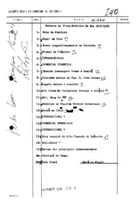 TV Tupi [emissora]. Ultra Notícias [programa]. Roteiro [televisivo], 29 set. 1969.