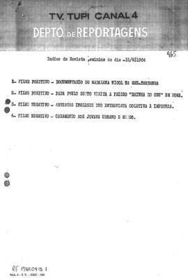 TV Tupi [emissora]. Revista Feminina [programa]. Roteiro [televisivo], 15 abr. 1964.