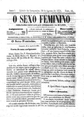 O Sexo feminino [jornal], a. 1, n. 44. Campanha-MG, 30 ago. 1874.