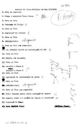 TV Tupi [emissora]. Ultra Notícias [programa]. Roteiro [televisivo], 09 mai. 1969.