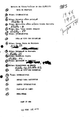 TV Tupi [emissora]. Ultra Notícias [programa]. Roteiro [televisivo], 21 ago. 1970.