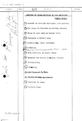 TV Tupi [emissora]. Ultra Notícias [programa]. Roteiro [televisivo], 16 jul. 1968.