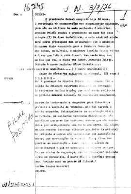 TV Tupi [emissora]. Jornal Novas [programa]. Roteiro [televisivo], 03 ago. 1976.