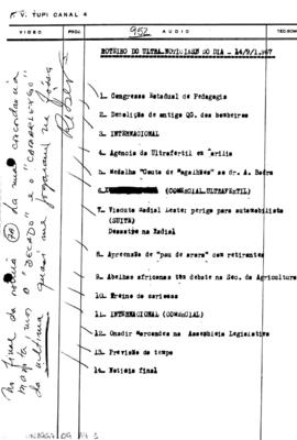 TV Tupi [emissora]. Ultra Notícias [programa]. Roteiro [televisivo], 14 set. 1967.