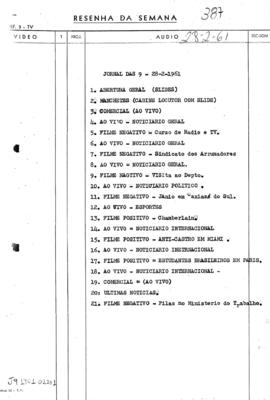 TV Tupi [emissora]. Jornal das 9 [programa]. Roteiro [televisivo], 28 fev. 1961.