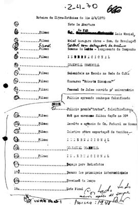 TV Tupi [emissora]. Ultra Notícias [programa]. Roteiro [televisivo], 02 abr. 1970.