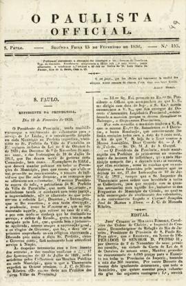 O Paulista official [jornal], [s/n]. São Paulo-SP, 15 fev. 1836.
