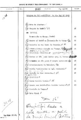 TV Tupi [emissora]. Ultra Notícias [programa]. Roteiro [televisivo], 14 jun. 1969.