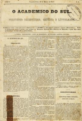 O Academico do Sul [jornal], a. 1, n. 1. São Paulo-SP, 30 mar. 1857.