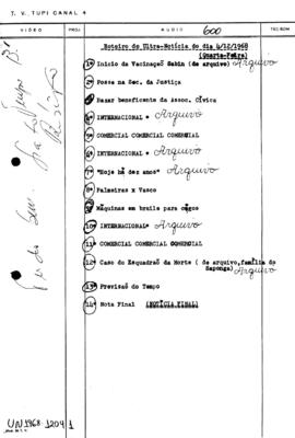 TV Tupi [emissora]. Ultra Notícias [programa]. Roteiro [televisivo], 04 dez. 1968.