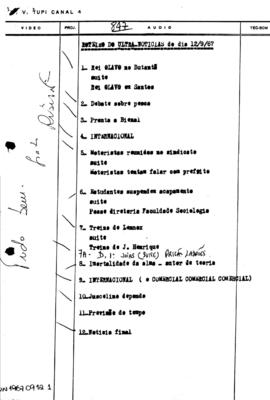 TV Tupi [emissora]. Ultra Notícias [programa]. Roteiro [televisivo], 12 set. 1967.