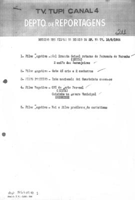 TV Tupi [emissora]. Diário de São Paulo na T.V. [programa]. Roteiro [televisivo], 18 set. 1964.
