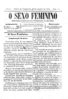 O Sexo feminino [jornal], a. 1, n. 19. Campanha-MG, 20 jan. 1874.