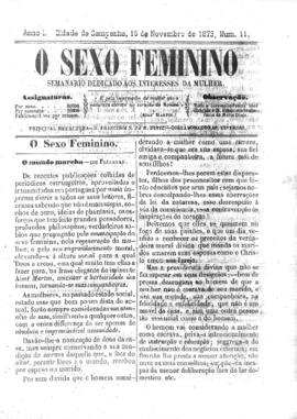 O Sexo feminino [jornal], a. 1, n. 11. Campanha-MG, 15 nov. 1873.