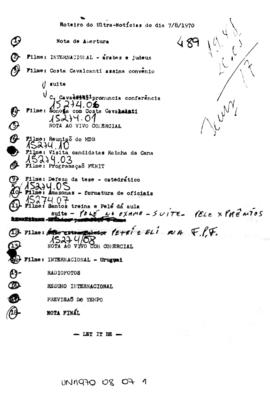 TV Tupi [emissora]. Ultra Notícias [programa]. Roteiro [televisivo], 07 ago. 1970.